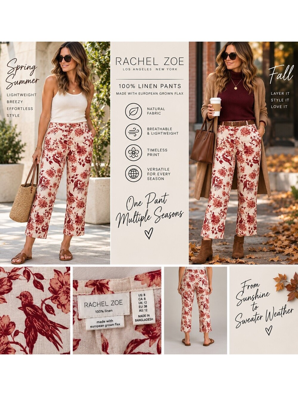 Rachel Zoe 100% Linen Floral Bird Pants Size 8 High Rise Cropped Tropical